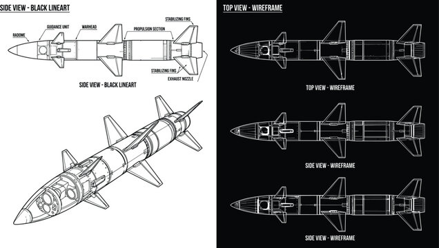 Technical vector blueprint of a guided missile featuring black line art schematics and digital wireframe models with component callouts.