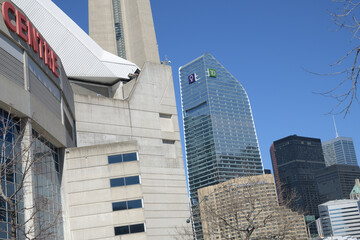 Obraz premium looking northeast from Bremner Blvd to Rogers Centre stadium, landmark tower, TD Terrace, Intercontinental hotel, TD Centre, and others, Toronto