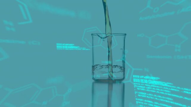 Lab beaker filling to measure as droplet starting stream, liquid swirling, cyan panels shifting
