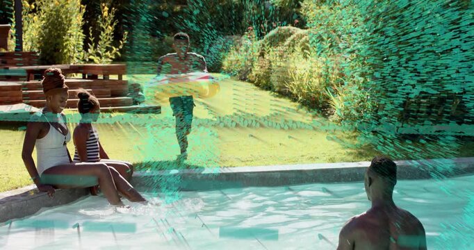 Boy running, launching into pool with inflatable ring for leisure, animated splash accenting action