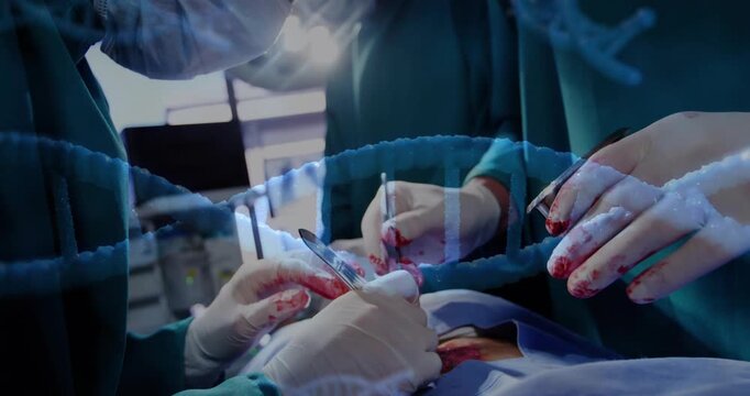 Surgeons starting scalpel cut and handing tools in OR, DNA helix overlaying incision guiding repair
