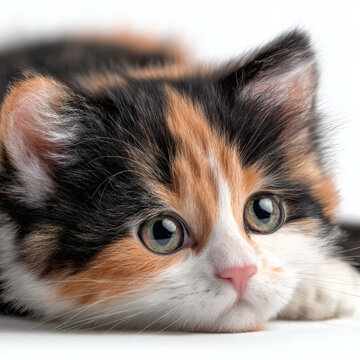 Cute Calico Kitten Lying Down Realistic Kawaii Style with Soft Fur Isolated on White Background