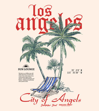 Hand drawing Palm tree. Los Angeles typography slogan. tropical summer print design. graphic tee for girl's and women's with men's. retro color with botanical artwork. 