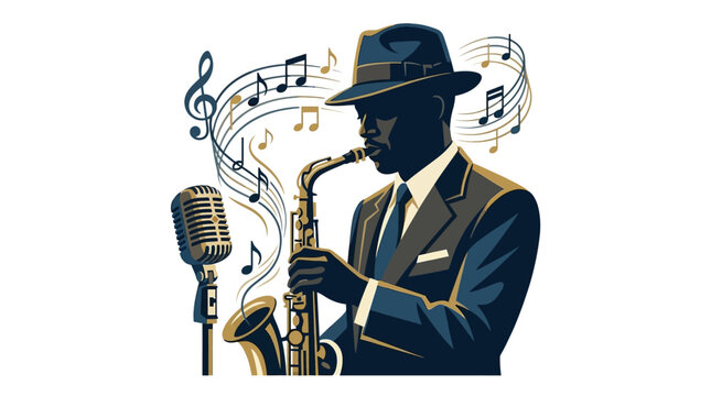 A stylishly dressed man in a fedora plays the saxophone with musical notes swirling around him, next to a vintage microphone.