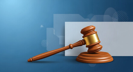 Wooden Gavel with Gold Band on Sound Block, Blue Background