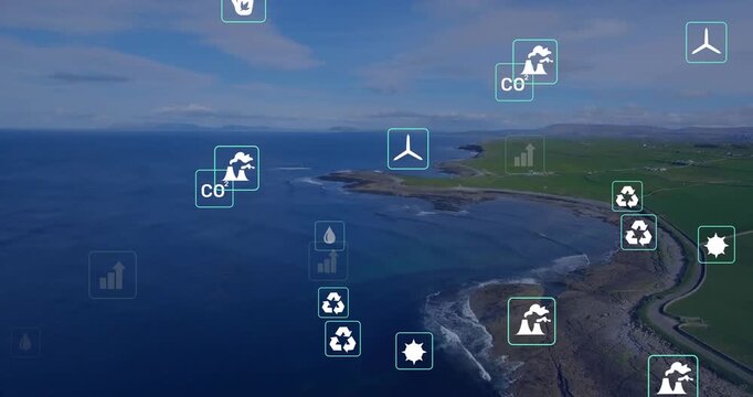 On start animated icons drifting over ocean shore, clustering and showing energy, CO2, recycle data