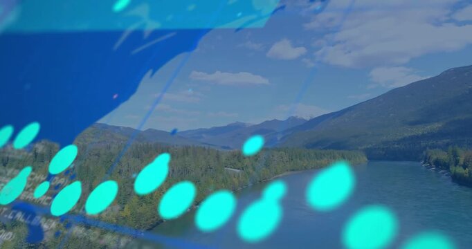 Tracking drone gliding downstream over river valley, overlay drifting in showing 94