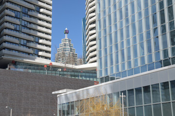 Naklejka premium looking northeast from Love Park (96 Queens Quay W) to TD Canada Trust Tower with beacon and residential skyscrapers, Toronto