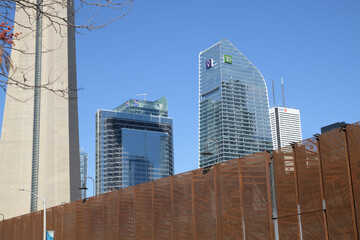 Naklejka premium looking northeast to landmark tower, Simcoe Place/RBC Centre, TD Terrace, and BMO/First Canadian Place, from Rees St near Roundhouse Park, Toronto