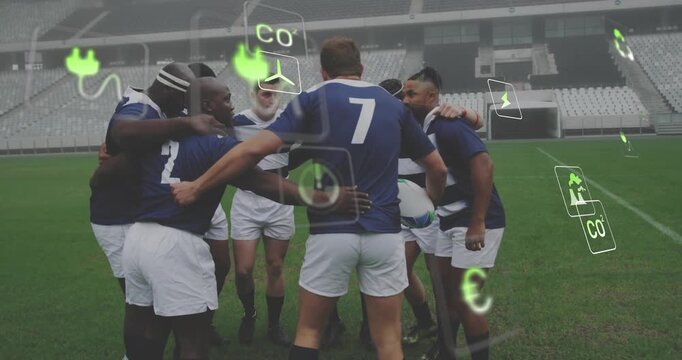 Forming around player 7 holding ball, navy team huddling, planning play on pitch with green icons