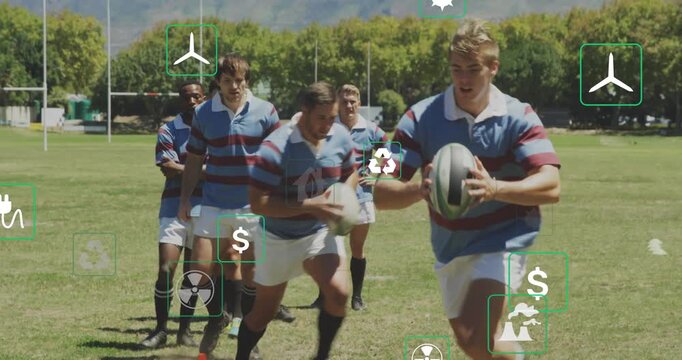 Seven rugby players drilling, mid pass causing lead dash around cone, green icons overlay
