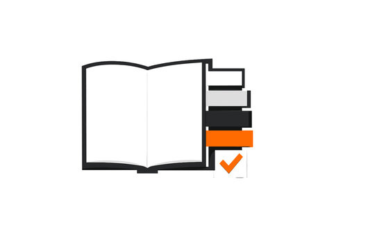 A 3D illustration of an open white book featuring multiple index tabs in various colors and an orange checkmark icon, isolated against a solid black background.