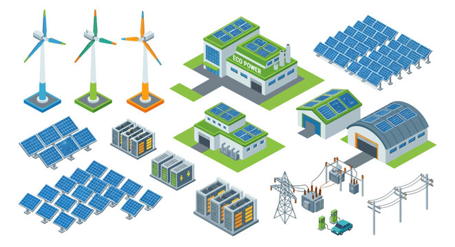 Isometric illustration of renewable energy sources and sustainable infrastructure