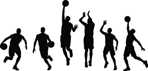 Set of basketball player silhouettes in flat vector style, male athletes dribbling and shooting isolated on white background for sports, 20 words. © MD