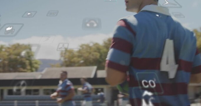 Number 4 player reaching to receive pass during rugby drill, teammate sending ball, HUD overlaying