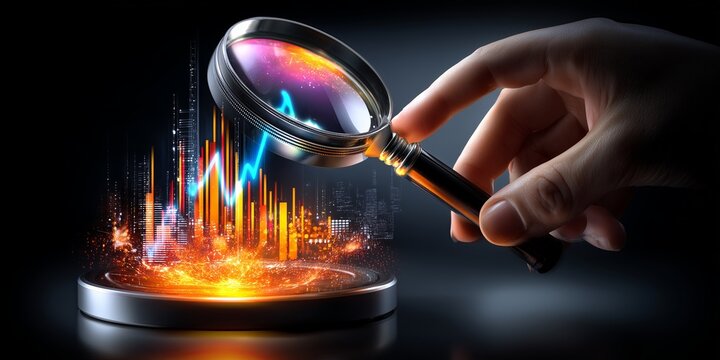 A hand holds a magnifying glass over a glowing, holographic data chart rising from a base. The colorful visualization sits against a dark background, digital growth, data analysis concept.