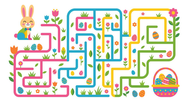 A colorful easter maze with a bunny flowers and eggs
