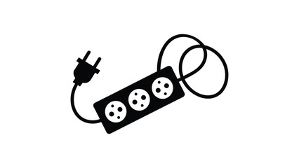 Electric power strip extension cord icon with plug and sockets electricity distribution device isolated minimal black vector illustration