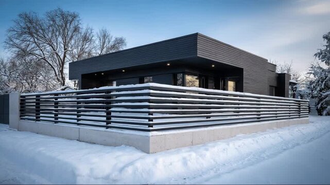Modern black house with snow-covered yard in winter landscape  