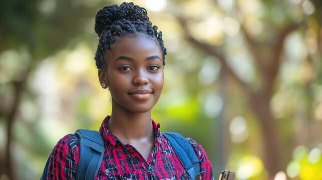 A young woman with a backpack smiles confidently outdoors