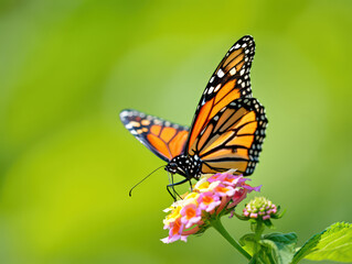 Fototapeta premium Monarch Butterfly Sipping Nectar from Lantana Flowers in a Lush Green Garden A Captivating Close Up of Nature's Beauty and Delicate Pollination Process