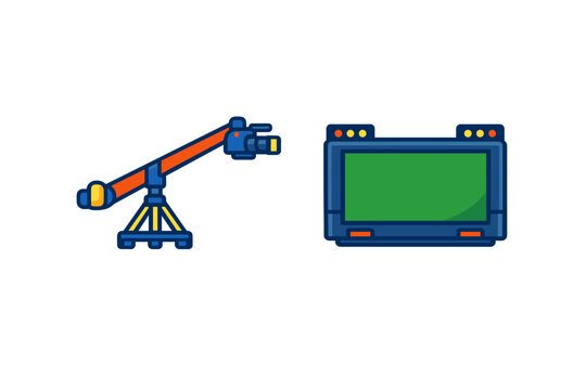 A stylized illustration of professional film production equipment featuring a camera mounted on a long crane jib and a digital monitor displaying a green screen for visual effects.