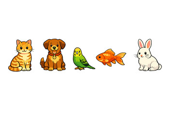 Fototapeta premium A collection of five cute cartoon pets including a ginger cat, a brown dog, a green budgie, an orange goldfish, and a white rabbit, all isolated on a solid black background.