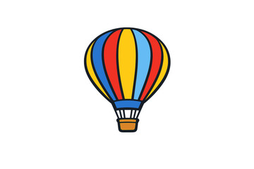 Fototapeta premium A vibrant hot air balloon illustration with red, yellow, and blue vertical stripes is isolated on a black background. The graphic features a small orange basket and bold outlines.