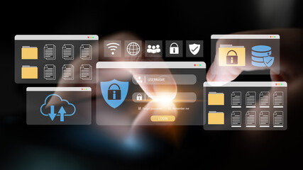Fototapeta premium Secure login and file management interface with folder, password, and encryption icons for cybersecurity visualization Parse
