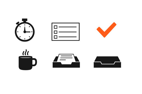 This collection of six flat icons features a stopwatch, a checklist, a checkmark, a steaming coffee cup, an inbox with papers, and an empty tray on a plain black background.