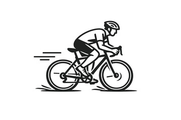 Obraz premium This minimalist black line art illustration depicts a cyclist riding a road bike at high speed, featuring motion lines and a side profile view on a plain white background.