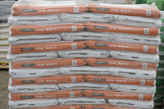 pallet of GardenClub 3-in-1, an all-purpose Canadian soil blend containing sphagnum peat moss, humus, and compost, outside Canadian Tire, 825 Eglinton Av E, Toronto