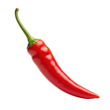 A vibrant glossy red chili pepper with a green stem isolated on transparent background high quality
