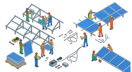 Isometric illustration of workers installing and assembling solar panel systems