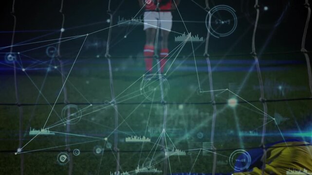 Soccer attacker striking from penalty spot, goalkeeper diving to save while HUD tracking ball path