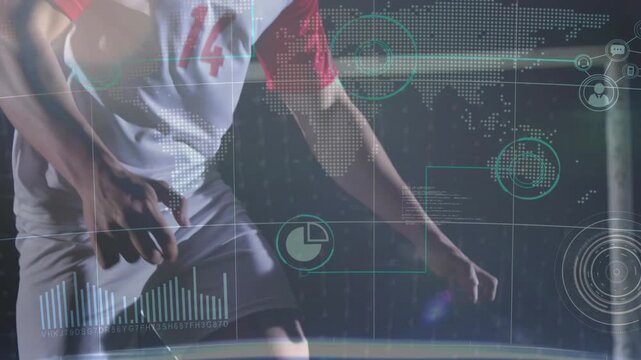 Soccer player shifting weight, rolling and flicking ball to chest with HUD overlaying for analytics