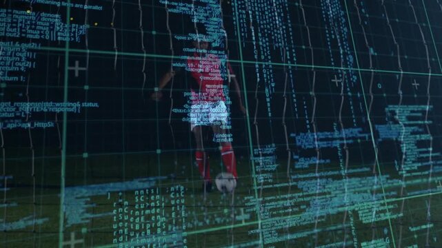 Male soccer player shifting and launching acrobatic kick, tech overlay guiding soccer ball to goal