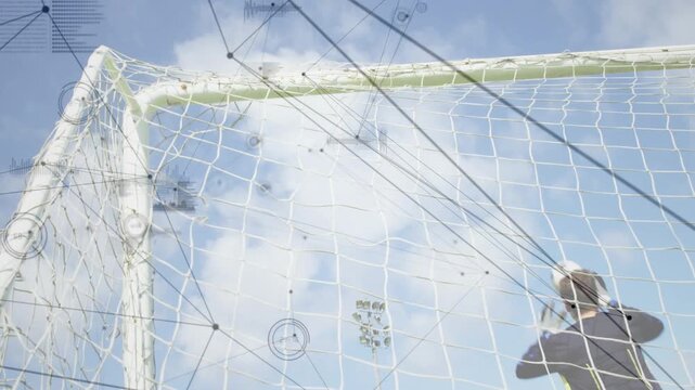 Soccer ball clipping crossbar, keeper jumping and catching ball, HUD tracking path, preventing goal