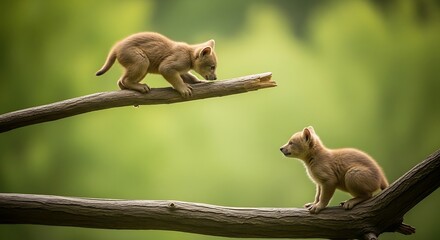 Obraz premium Two young animals cautiously balancing on narrow branches in a green forest environment.