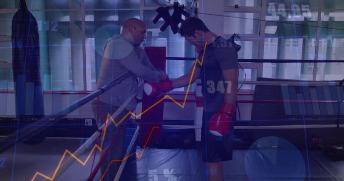 Boxing coach leaning ropes checking boxer's red glove in ring, charts floating passive for sparring