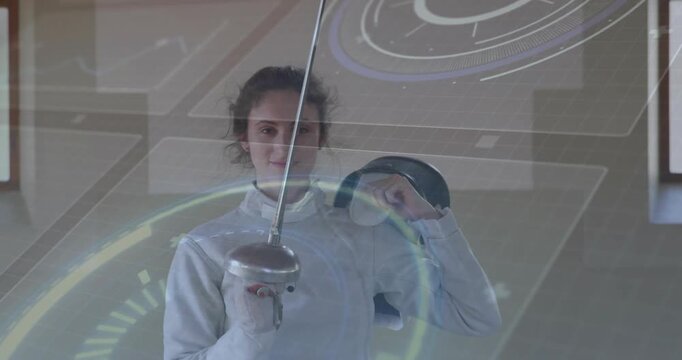 Fencer raising epee after prep, showing sports technique with HUD circle tracking blade and mask