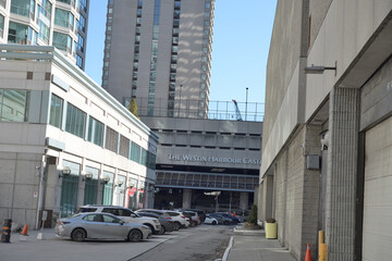 Naklejka premium looking south on access route to The Westin Harbour Castle sign facing Queens Quay W, Toronto