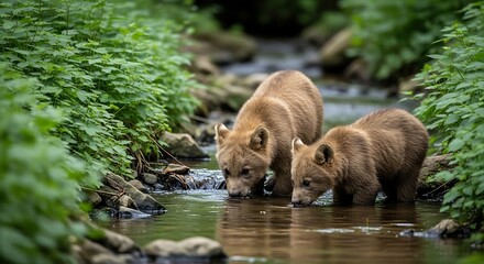 Fototapeta premium Bears and cubs enjoying a natural water source in a lush forest environment