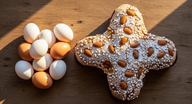 Traditional Easter cake, Colomba Pasquale, presented with farm fresh eggs on warm wooden surface. Sweet Easter cake decorated with almonds and sugar sprinkles, embodying spring and holiday tradition.