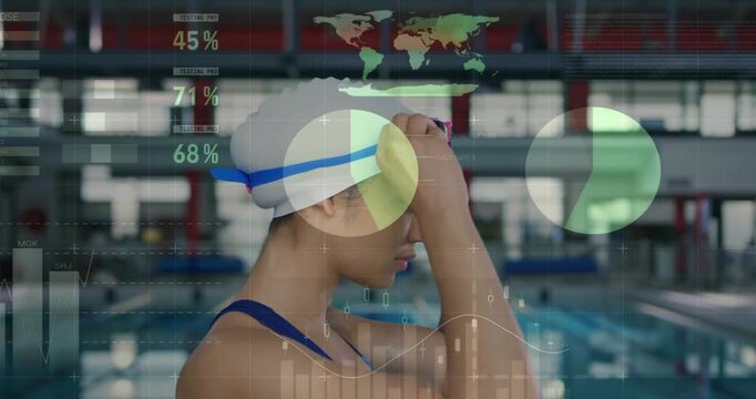 Female swimmer adjusting goggles at pool edge, driving sports data overlay as preparing for swim