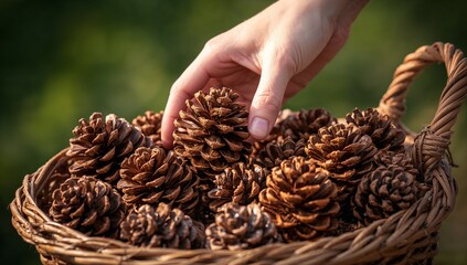 Obraz premium Reaching adult hand lifting pine cone at garden edge, highlighting woven wicker basket textures