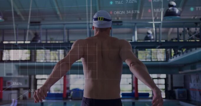 Swimmer putting on cap, warming, rotating shoulder stretching for sports with HUD data overlaying