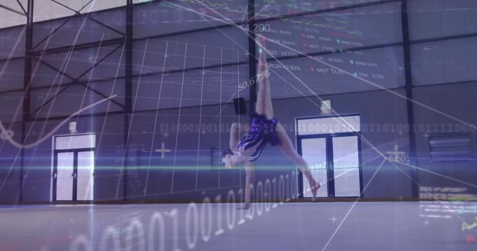 Teen gymnast holding prop shifting and doing inverted pass for score data graphs sweeping over body