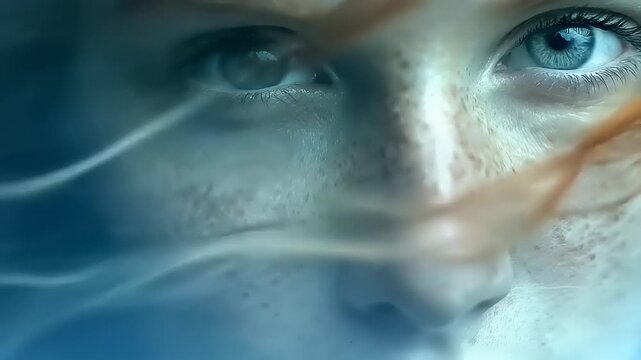 Immersive close-up captures intricate details of woman's face with focus on piercing blue eyes and delicate freckles