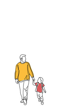 Father walks hand in hand with his young daughter outdoors during daytime, symbolizing parental guidance, family care, and a warm bonding moment.